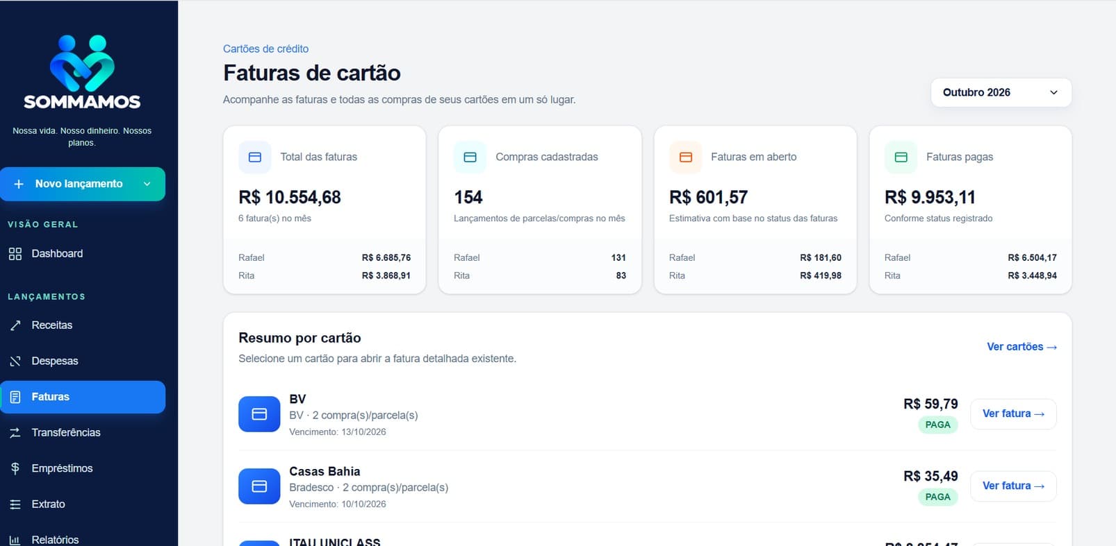 Página de faturas de cartão do SOMMAMOS